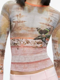 Delaina Printed Mesh Long Sleeve Crop Top