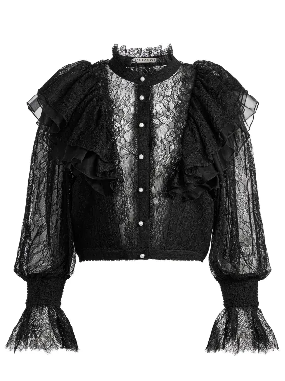 Delpha Ruffle Lace Blouson Sleeve Cropped Top