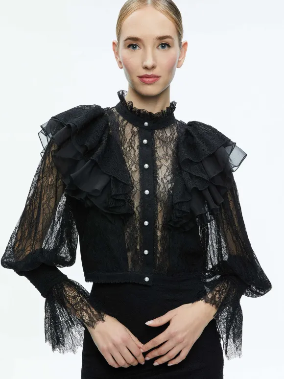 Delpha Ruffle Lace Blouson Sleeve Cropped Top