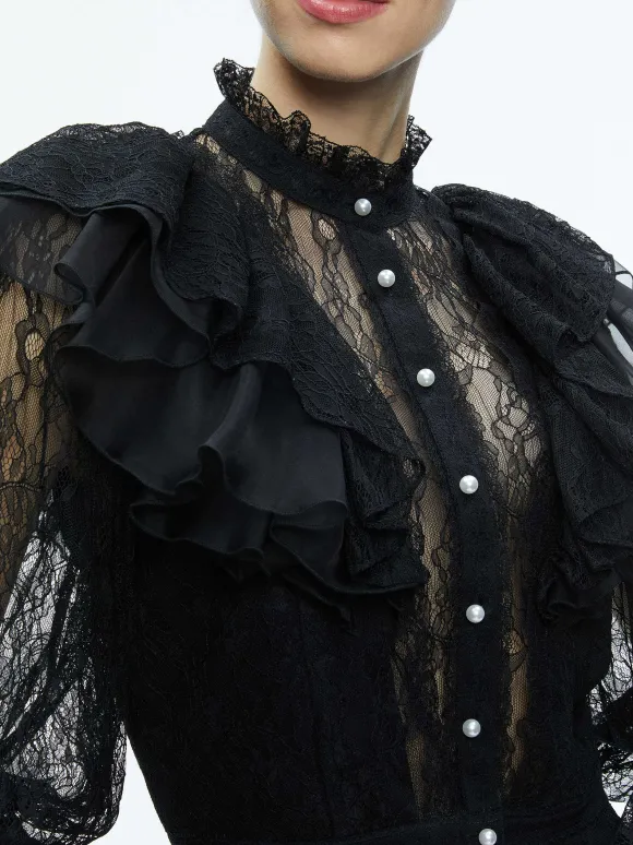 Delpha Ruffle Lace Blouson Sleeve Cropped Top