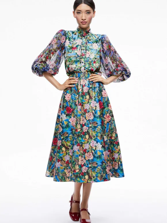 Earla Vegan Leather Flare Skirt + Ilan Smocked Sleeve Button Front Blouse