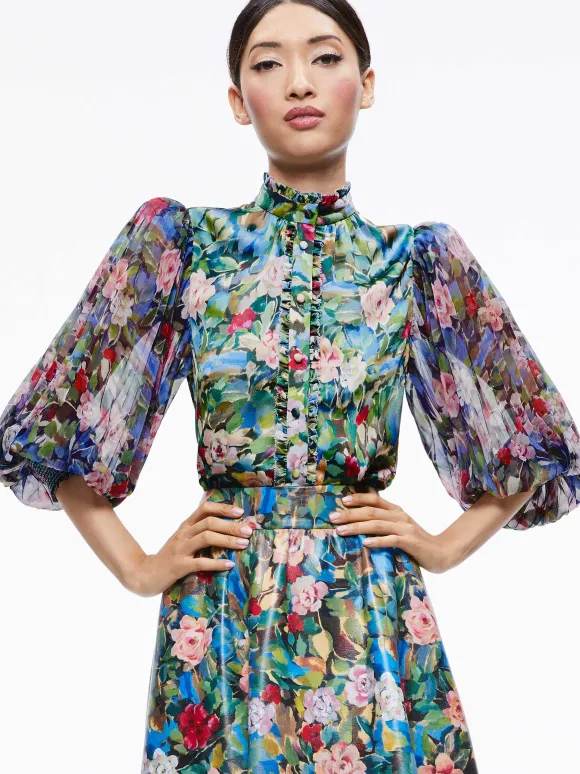 Earla Vegan Leather Flare Skirt + Ilan Smocked Sleeve Button Front Blouse