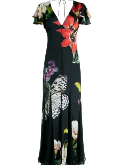 Fara Deep V-Neck Flutter Sleeve Maxi Dress
