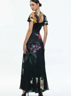 Fara Deep V-Neck Flutter Sleeve Maxi Dress