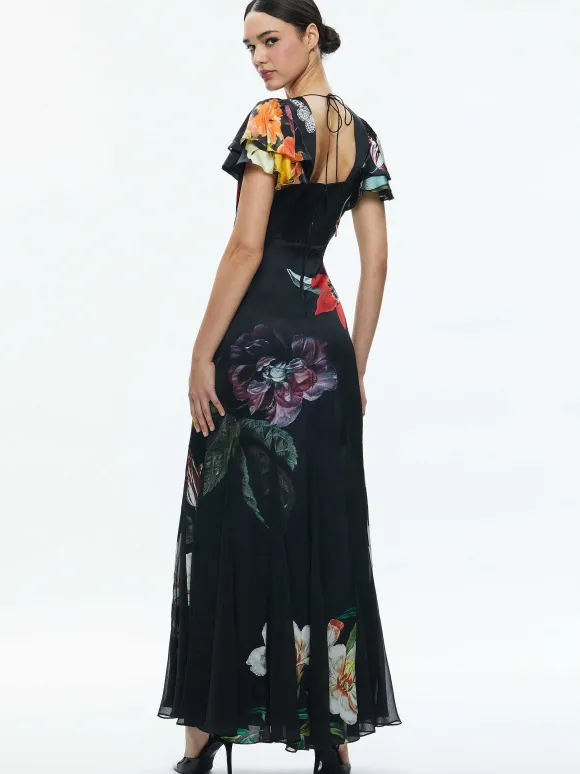 Fara Deep V-Neck Flutter Sleeve Maxi Dress