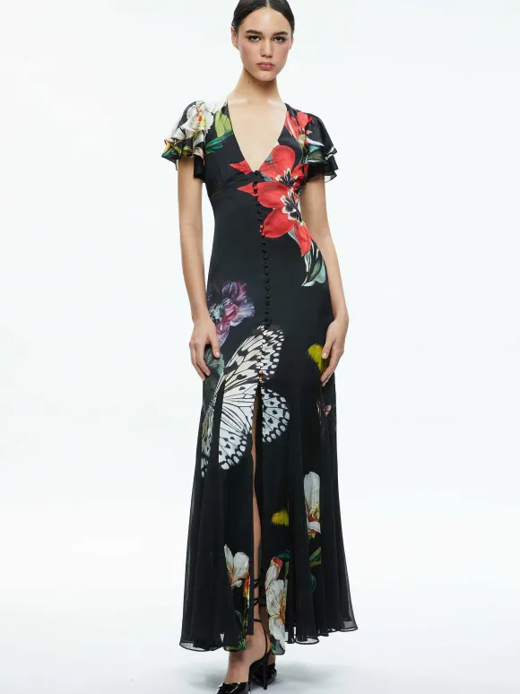 Fara Deep V-Neck Flutter Sleeve Maxi Dress