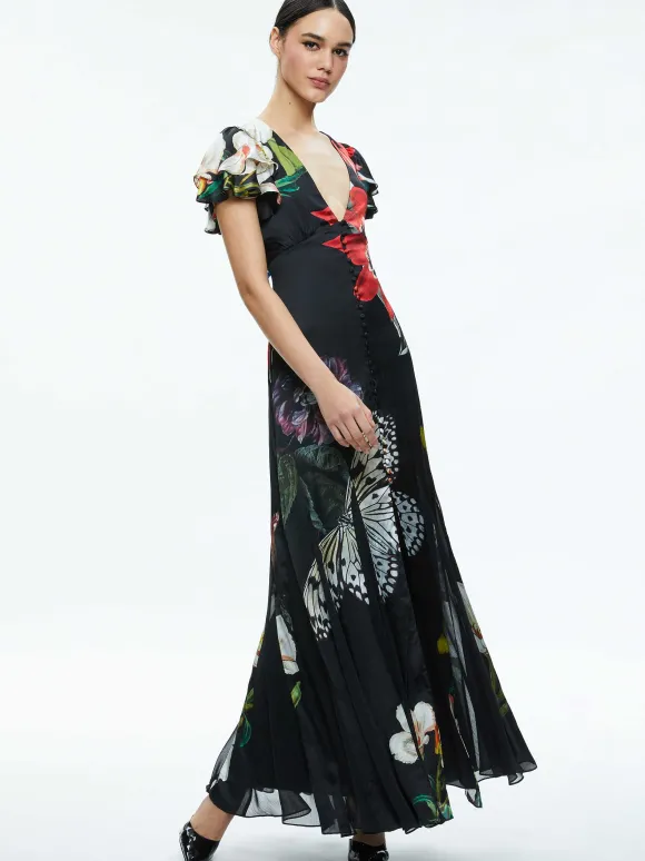 Fara Deep V-Neck Flutter Sleeve Maxi Dress