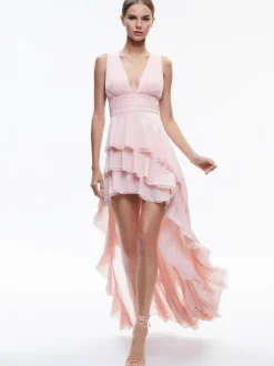 Holly Low Neck Asymmetric Ruffled Maxi Dress