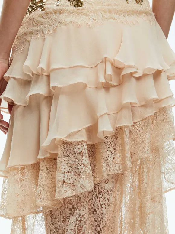 Nelia Sequined High Low Ruffled Maxi Dress