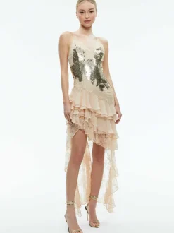 Nelia Sequined High Low Ruffled Maxi Dress