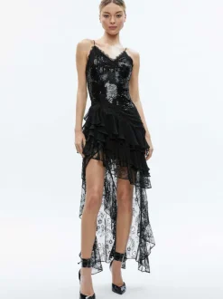 Nelia Sequined High Low Ruffled Maxi Dress