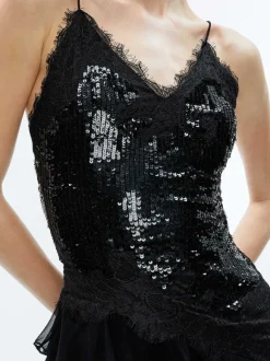 Nelia Sequined High Low Ruffled Maxi Dress