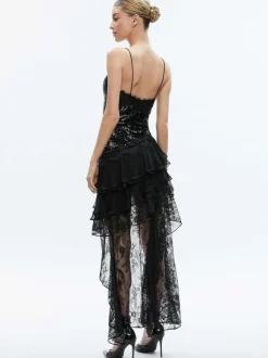 Nelia Sequined High Low Ruffled Maxi Dress