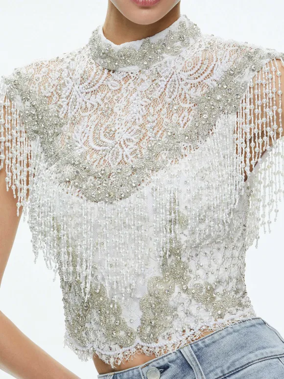 Pria Embellished Mock Neck Fringe Top