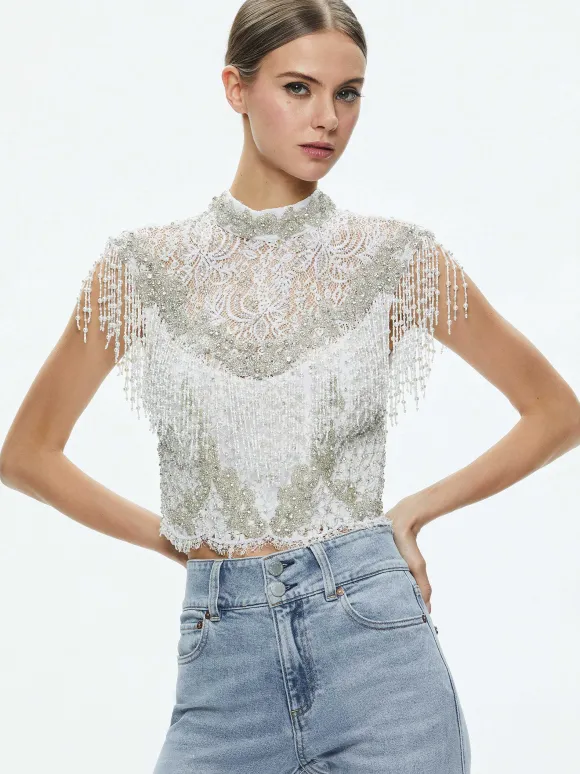 Pria Embellished Mock Neck Fringe Top