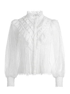 Rheba Mock Neck Button Front Lace Top