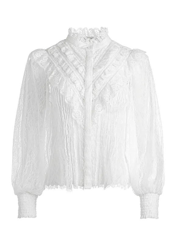 Rheba Mock Neck Button Front Lace Top