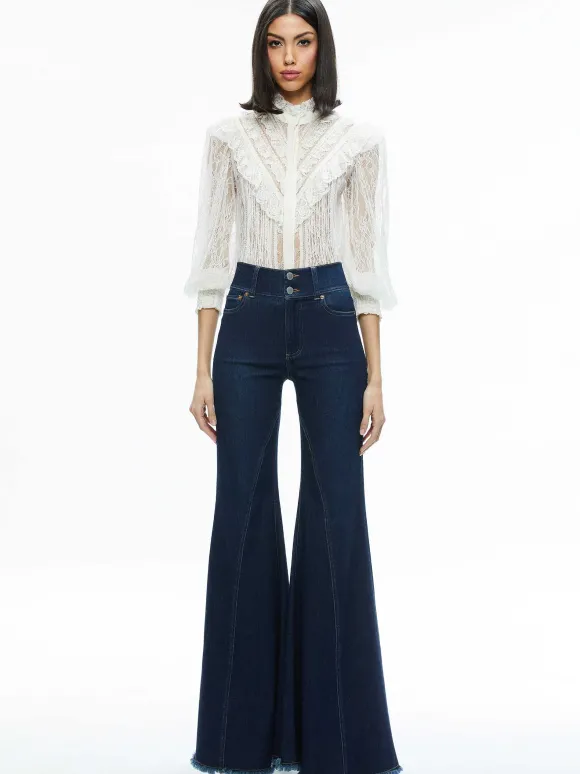 Rheba Mock Neck Button Front Lace Top
