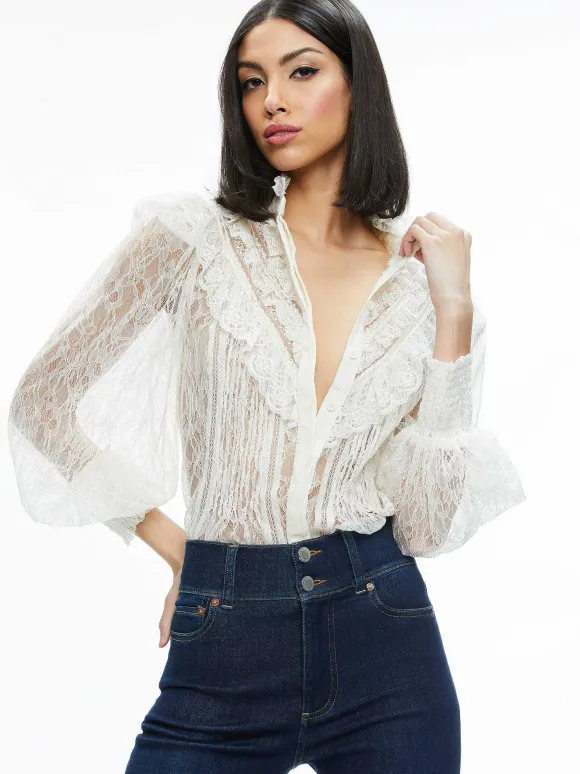 Rheba Mock Neck Button Front Lace Top