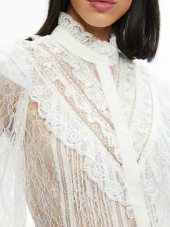 Rheba Mock Neck Button Front Lace Top