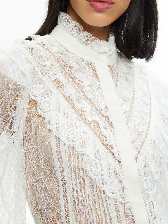 Rheba Mock Neck Button Front Lace Top