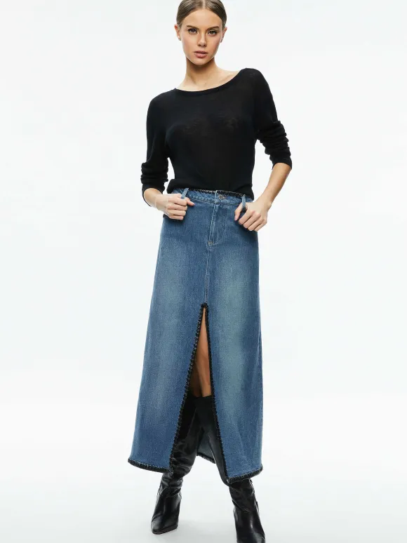 Rye Denim Maxi Skirt With Vegan Leather
