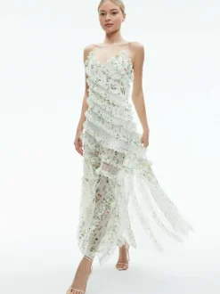 Sondra Tie Strap Lace Ruffled Maxi Dress