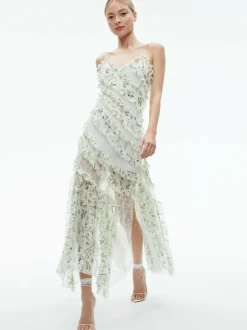 Sondra Tie Strap Lace Ruffled Maxi Dress