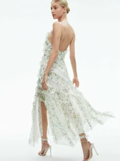 Sondra Tie Strap Lace Ruffled Maxi Dress