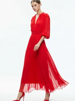 Vernia Blouson Sleeve Pleated Maxi Dress