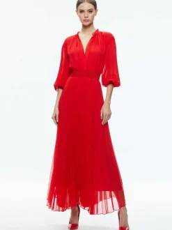 Vernia Blouson Sleeve Pleated Maxi Dress
