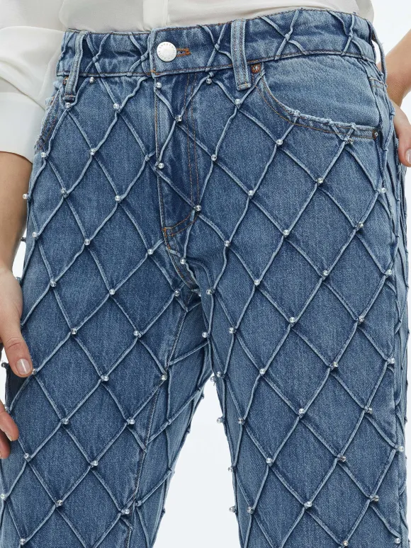 Weezy Quilted Embellished Cropped Mid Rise Jean