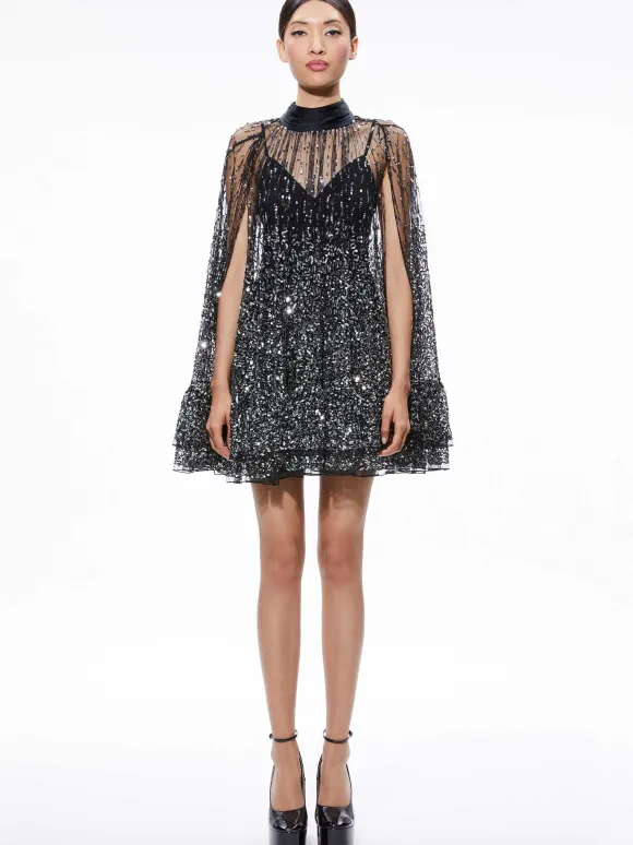 Zenon Sequin Cape Mini Dress